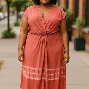 Lands' End Women's Plus Size Knot-Front Orange Tie-Dye Dress 20-22W